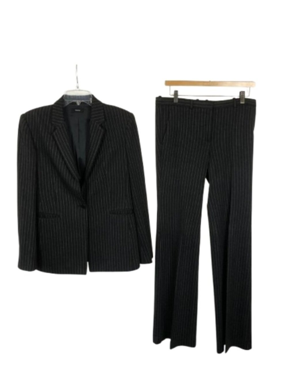Theory Women Size 8 Dark Gray Demetria 2 Wool Blend Stripe Blazer Pants Suit Set